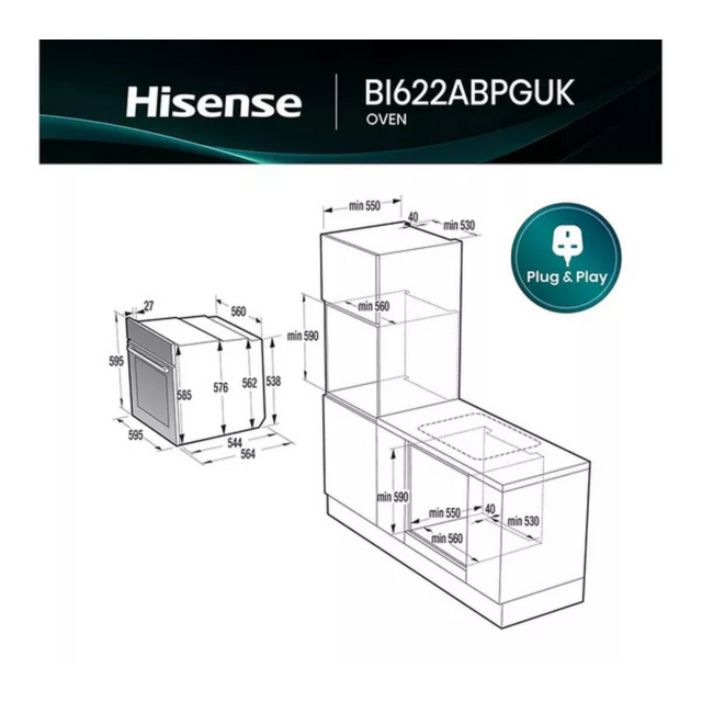 Hisense BI622ABPGUK Built In Electric Single Steam, Plug & Play Oven - H59.5 W59.5 D56.4
