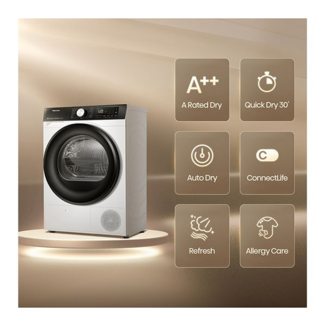 Hisense Dh3s802bw3 3S Series Wifi-Enabled 8Kg Heat Pump Tumble Dryer - White