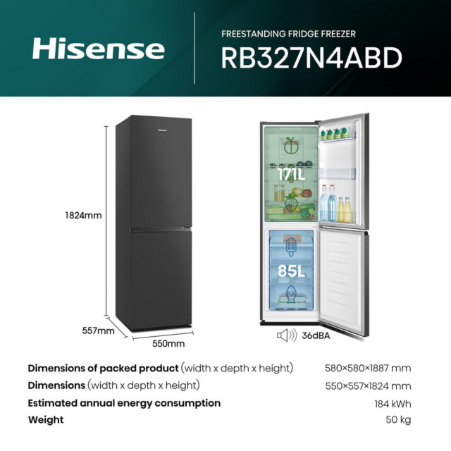 Hisense RB327N4ABD 60/40 Frost Free Fridge Freezer - D Energy Rated - H182 W55 W55.6