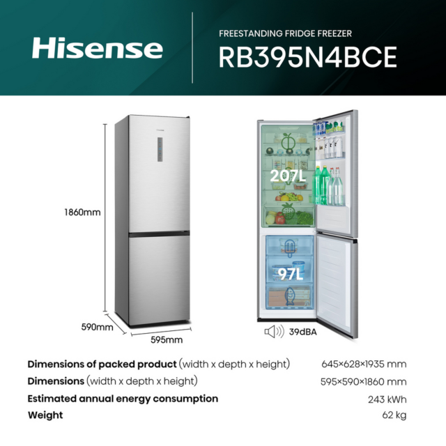Hisense RB395N4BCE 60/40 Total No Frost Fridge Freezer - E Energy Rated - H186 W59.5 D59