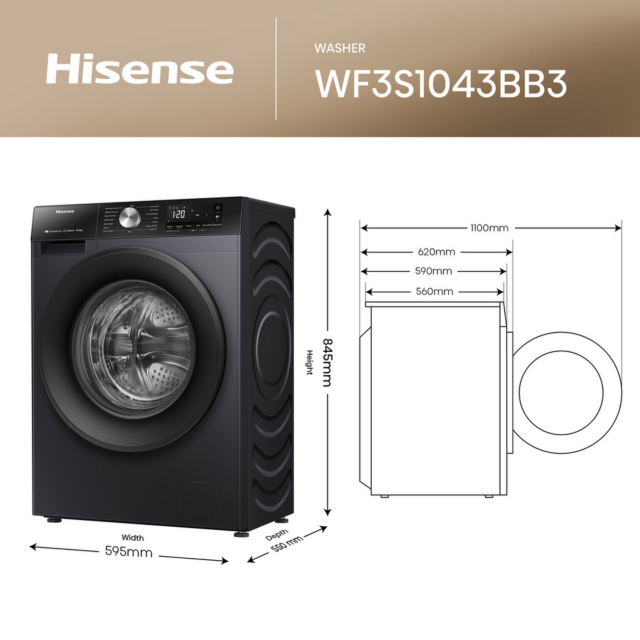 Hisense WF3S1043BB3 10.5Kg 1400 Spin Steam Washing Machine - A Energy Rated - H84.5 W59.5Xd 59