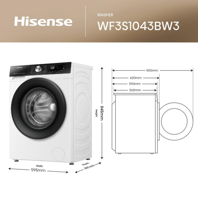 Hisense WF3S1043BW3 10.5Kg 1400 Spin Washing Machine - A Energy Rated - H84.5 W59.5 D59