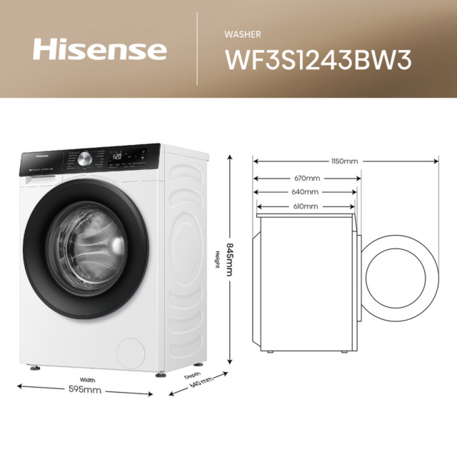 Hisense WF3S1243BW3 12Kg 1400 Spin Washing Machine - A Energy Rated - H84.5 W59.5 D64