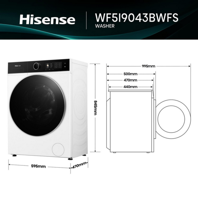 Hisense WF5I9043BWFS 9Kg 1400 Spin Washing Machine - A Energy Rated - H85 W60 D47